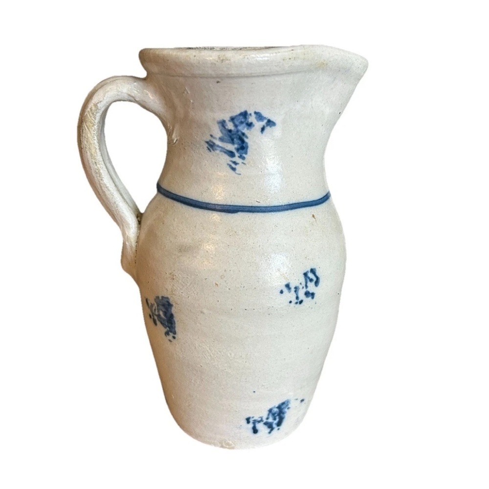Antique Stoneware Pitcher Jug Salt Glaze Cobalt Blue Primitive Farmhouse